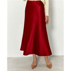 Womens Long Satin Skirt Elegant Red